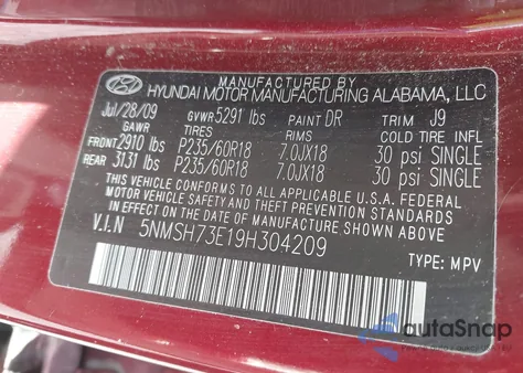 2009 Hyundai Santa Fe Limited из США, поврежденный, VIN 5NMSH73E19H304209